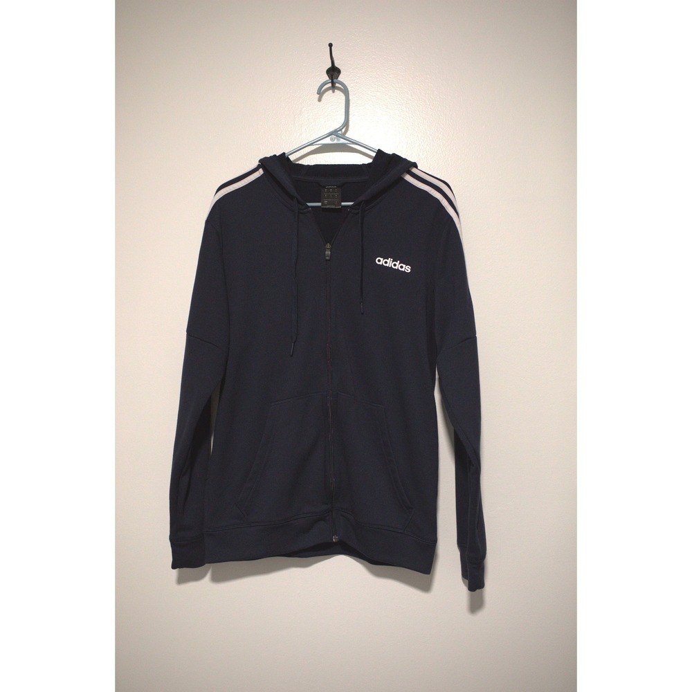 Adidas Mens Navy Blue Full Zip Hoodie 3-Stripe Climalite Sweatshirt Medium